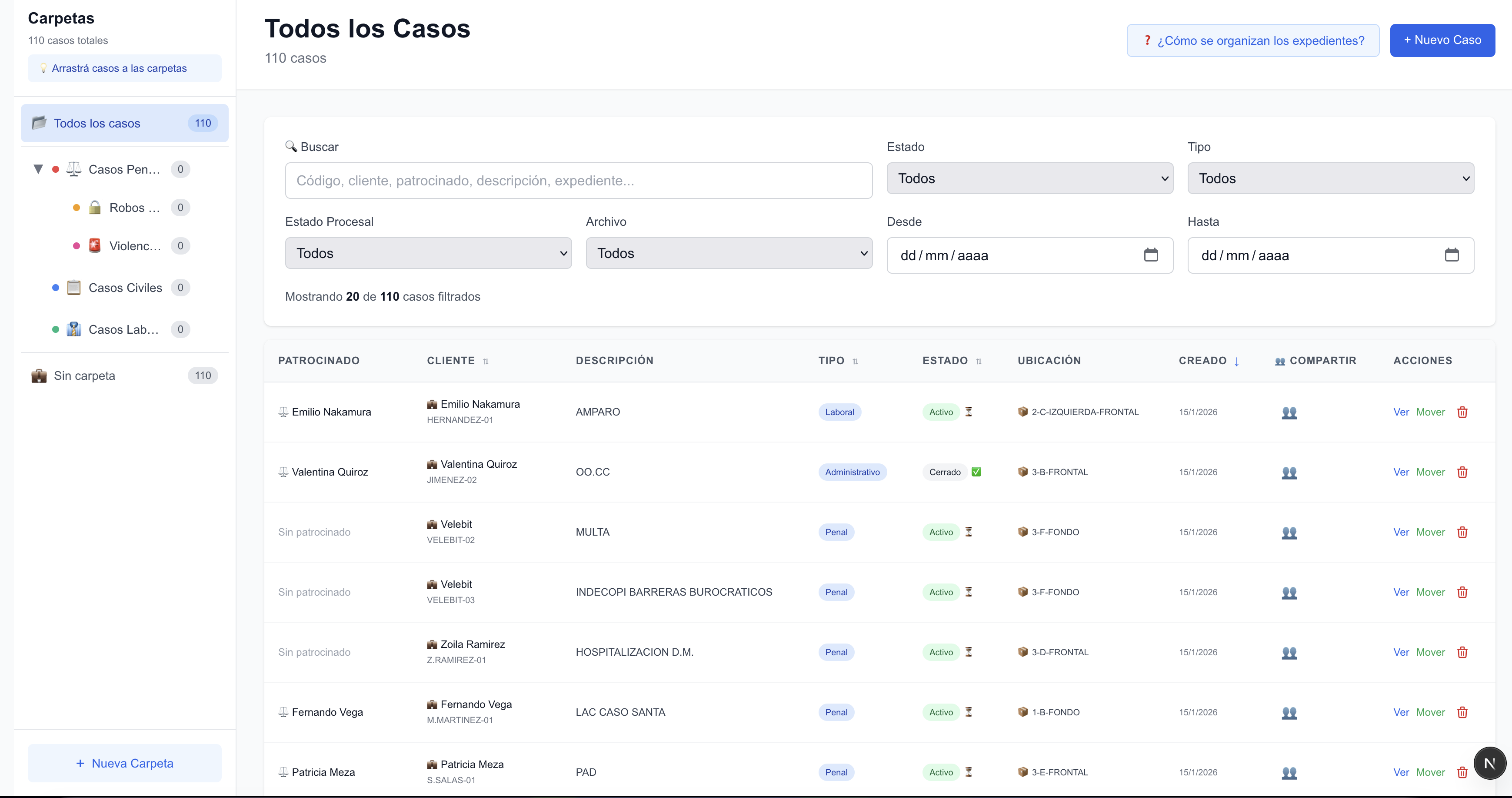 LexDesk — Lista de 110 casos con filtros