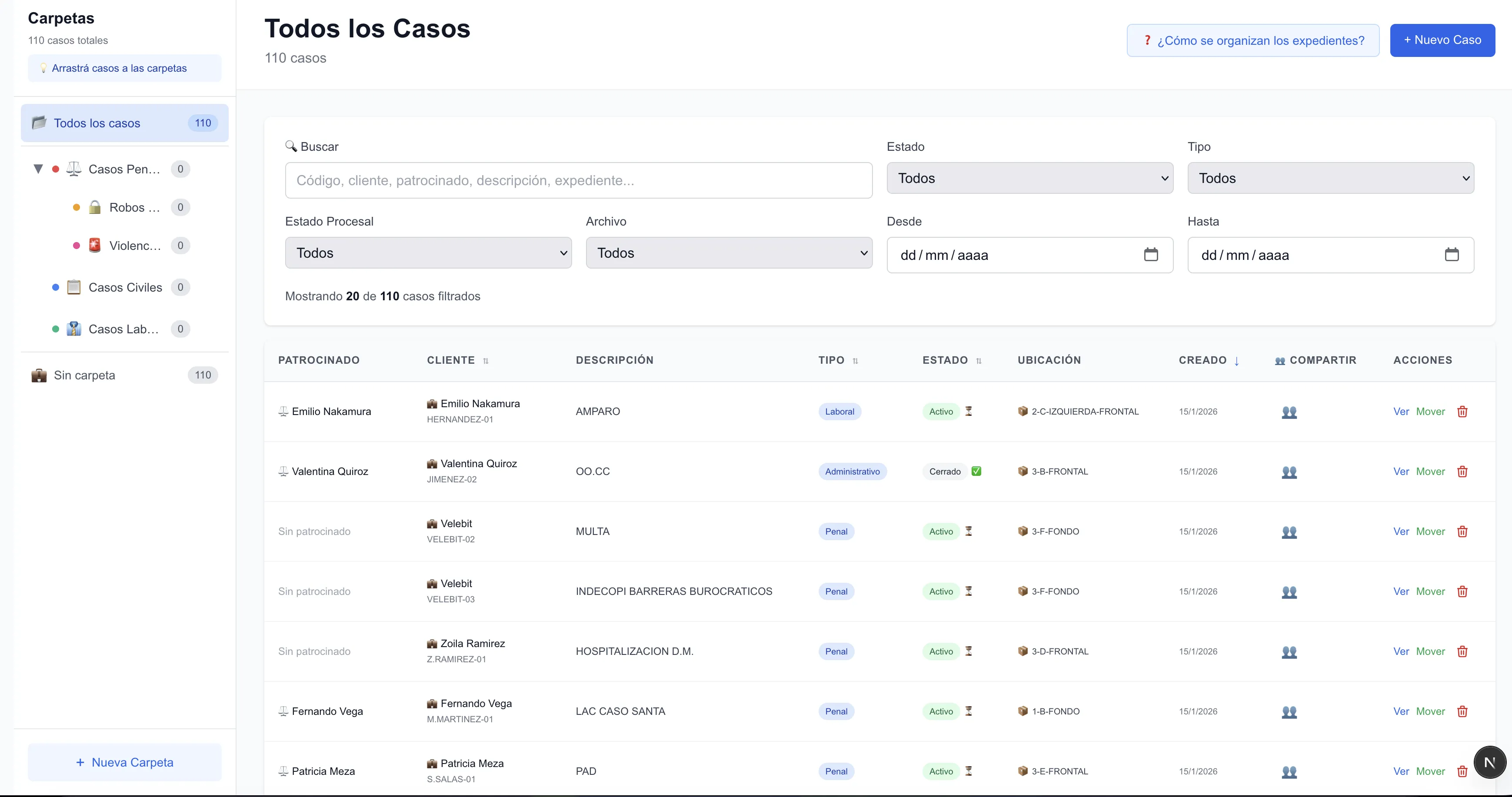 Despacho Legal — Lista de 110 casos con filtros