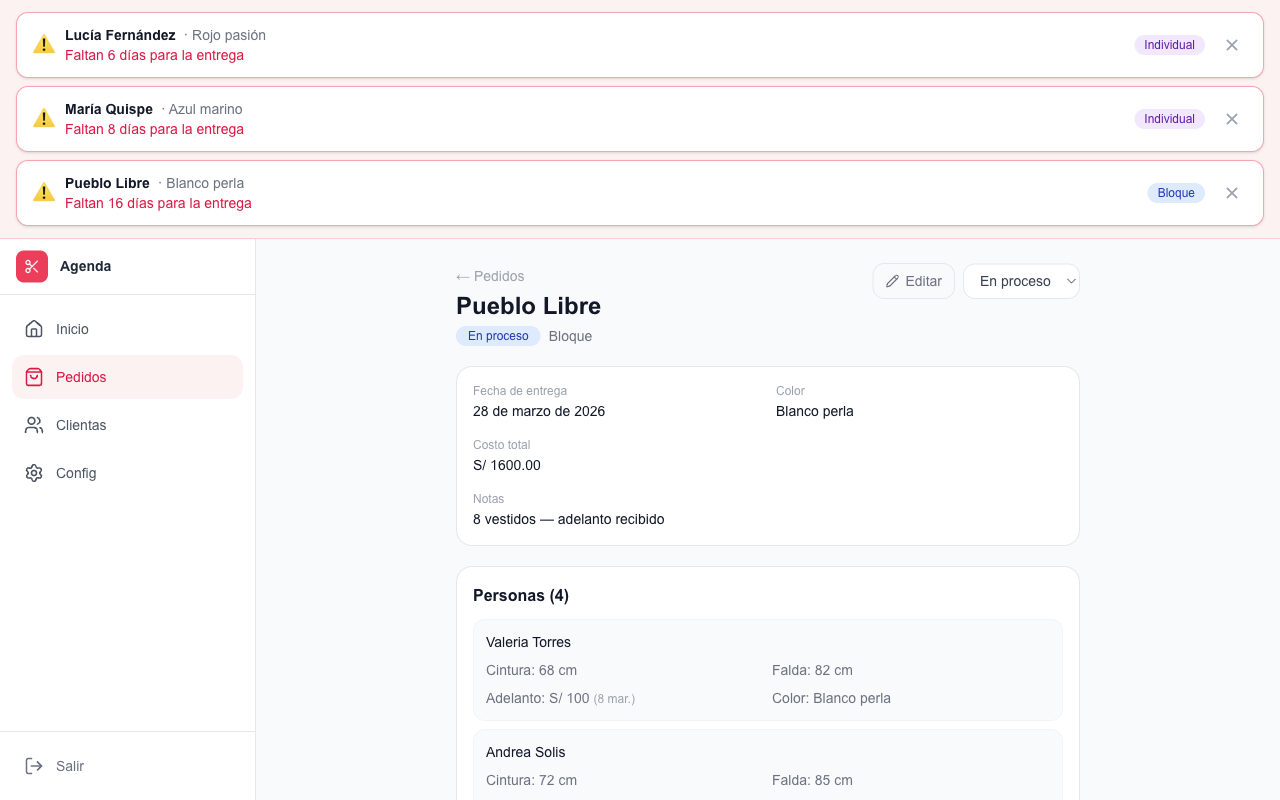 Modista App — Pedido en bloque Pueblo Libre con 4 personas