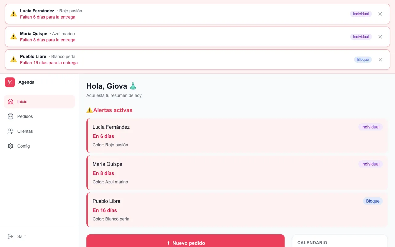Modista App — Dashboard con alertas de entrega y saldo pendiente
