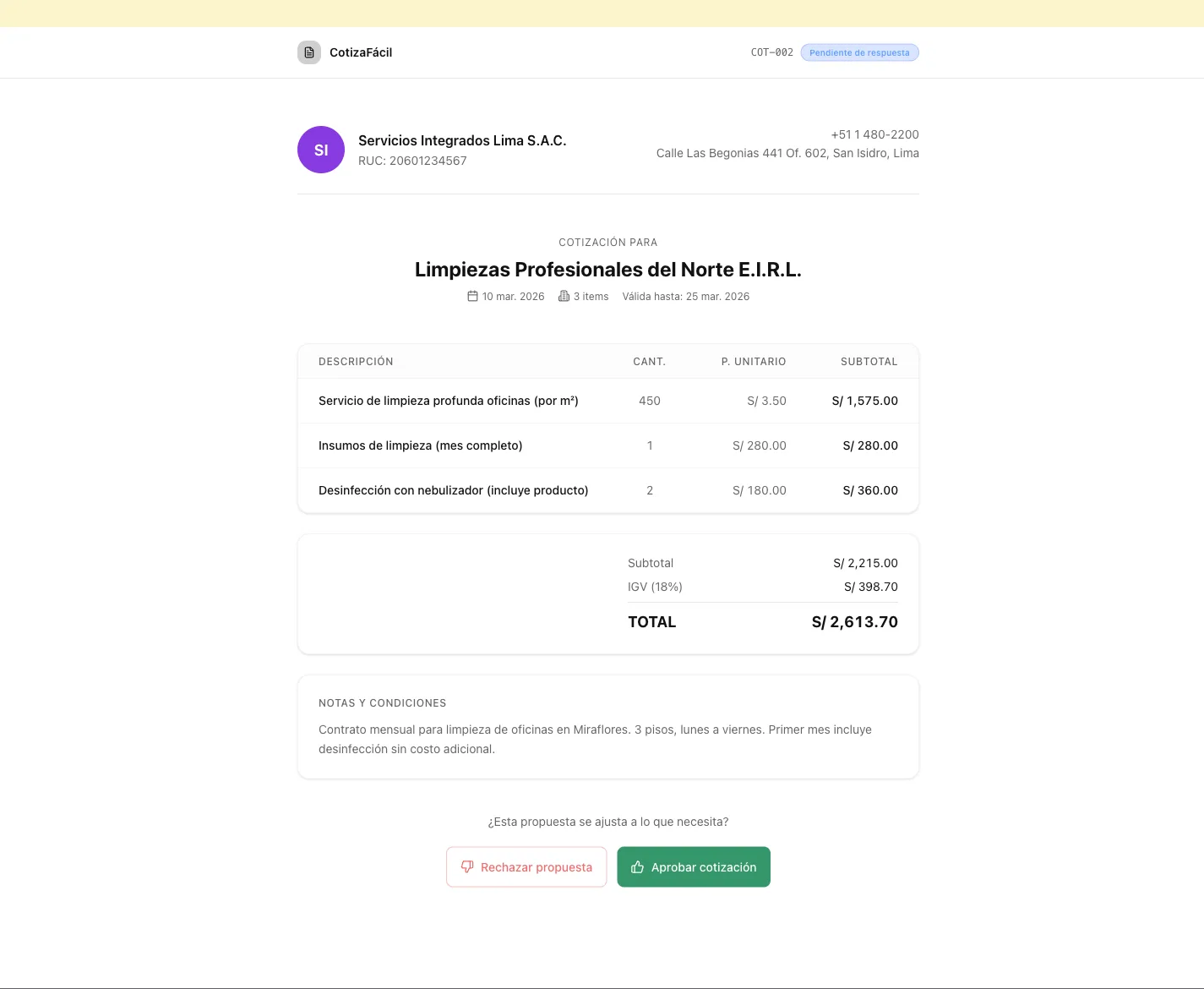 CotizaFácil — Vista profesional que recibe el cliente con botón Aprobar cotización