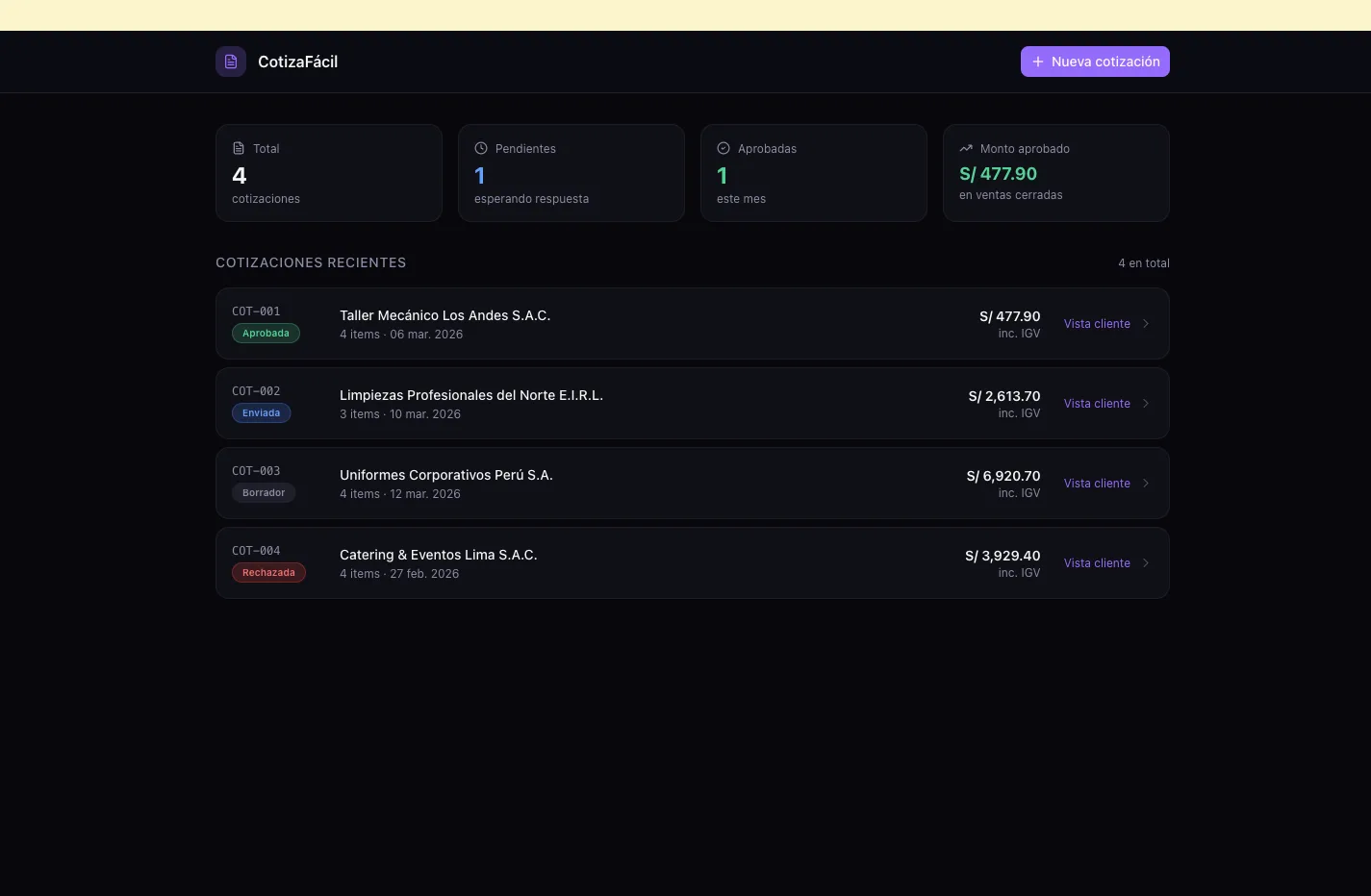 CotizaFácil — Dashboard con cotizaciones Aprobada, Enviada, Borrador y Rechazada